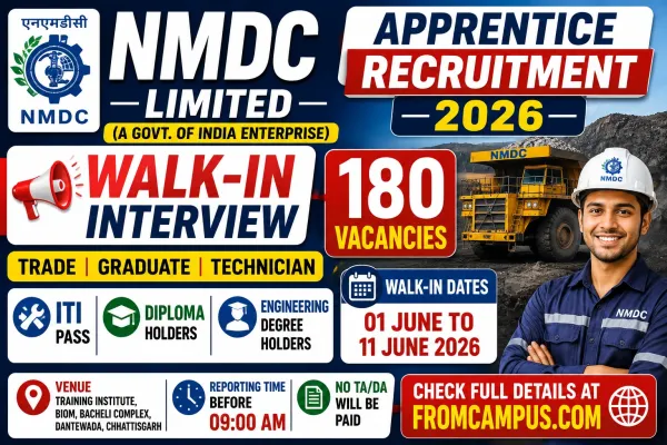 NMDC Apprentice Recruitment 2026 – Walk-In Interview for 180 Trade, Graduate & Technician Apprentice Posts